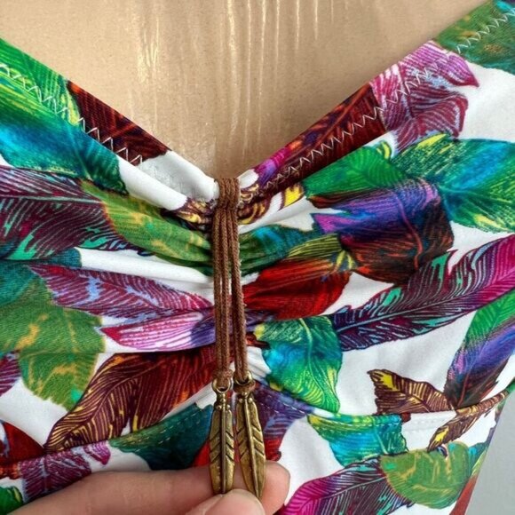 Laura Beach by Janine Robin Women's 6 White Multi Color Feather Print One Piece - Picture 12 of 12